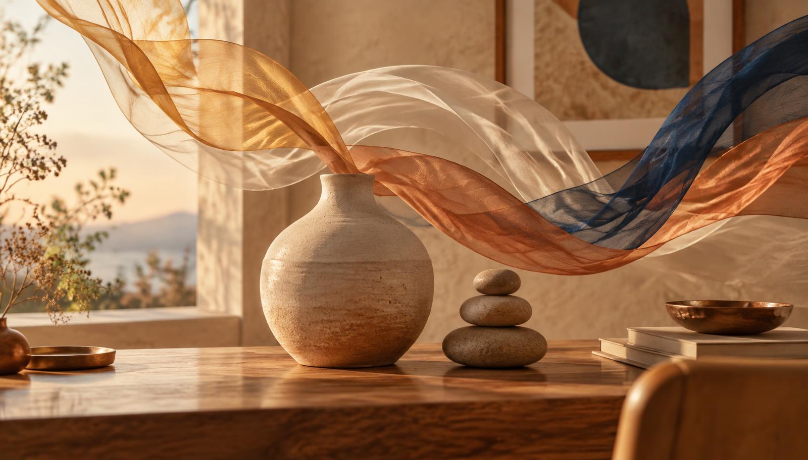 A ceramic vessel and balanced stones holding warm light, with flowing ribbons of sand, copper and blue