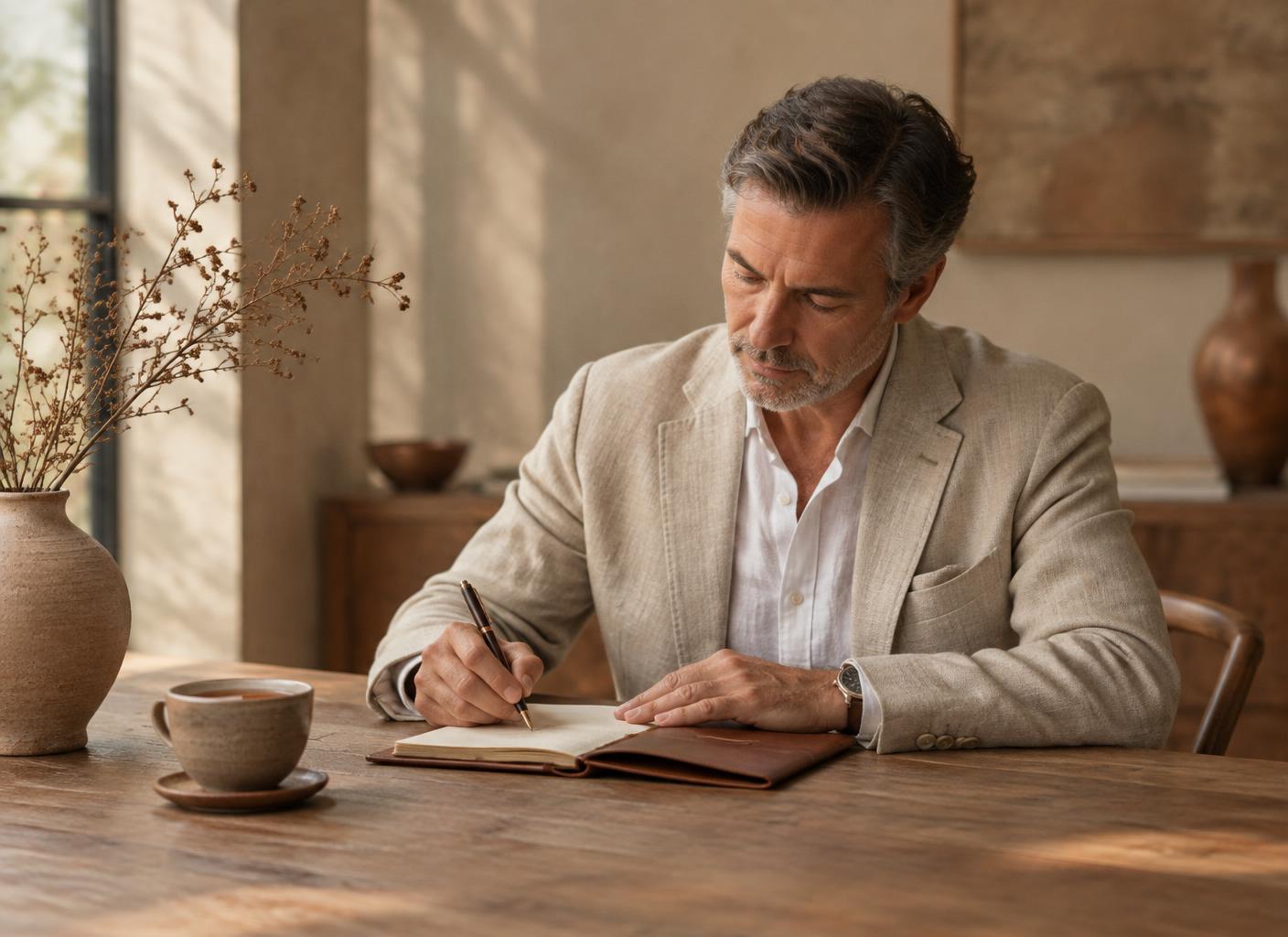 A leader writing and reflecting at a wooden table in soft morning light